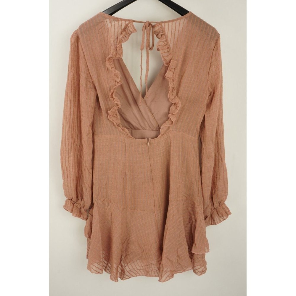 New AREA Stars Women's L Long Sleeve Mauve Pink Wrap Open Back Ruffle Mini Dress - Picture 2 of 8